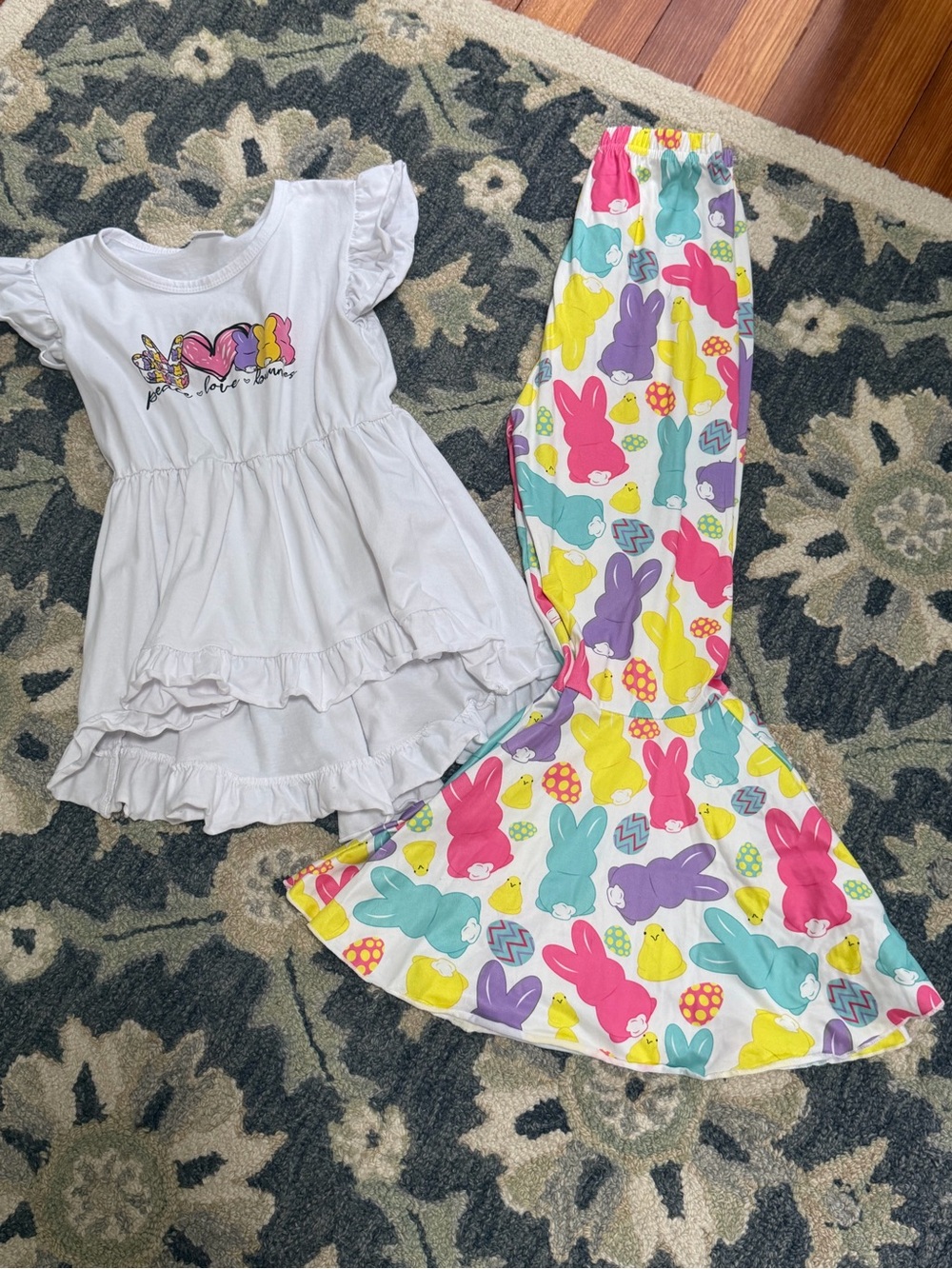 Kids White Ruffle Top with Pastel Bunny Print